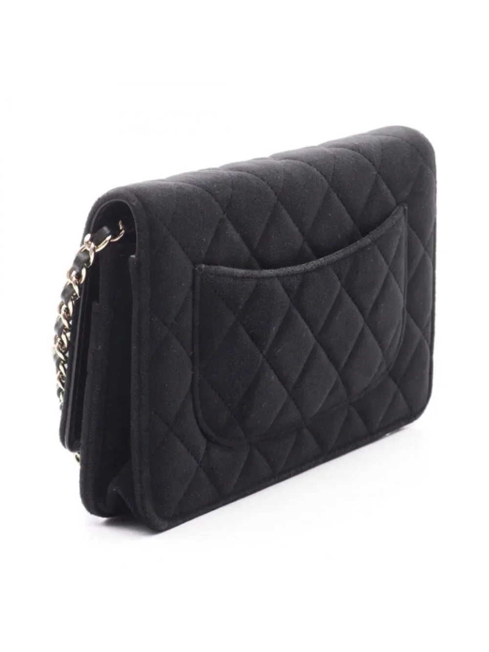 Chanel Shoulder Bag Quilted Rhinestone Black Fabric Chain Wallet